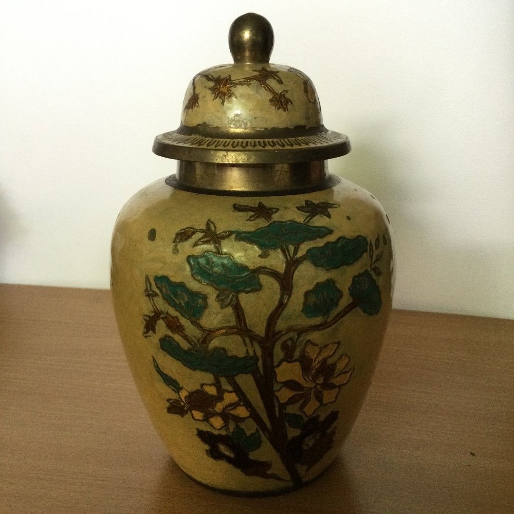 Vintage solid brass enameled jar Urn with lid 9.5" tall 5.5" wide flower heavy